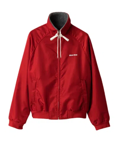 Miu Miu Technical Gazar And Fleece Bomber Jacket In Red