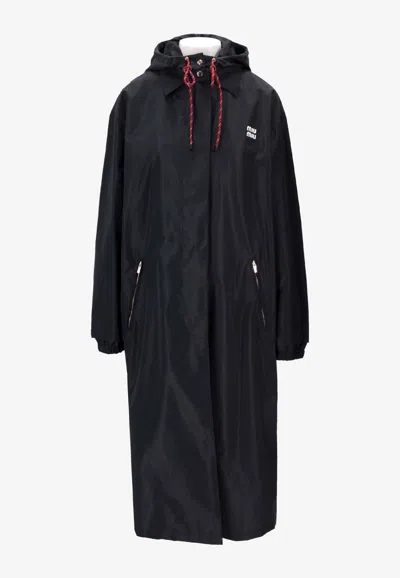 Miu Miu Technical Hooded Long Coat In Black