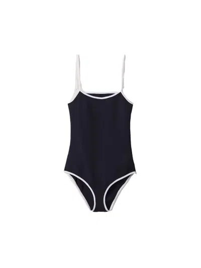 Miu Miu Technical Knit Swimsuit In Blu+bianco