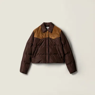 Miu Miu Technical Pongé And Leather Down Jacket In Brown