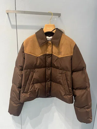 Miu Miu Technical Pongé And Leather Down Jacket In Brown
