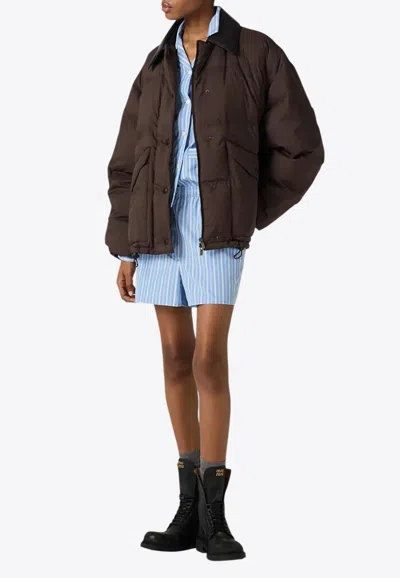 MIU MIU TECHNICAL PONGÉ DOWN JACKET WITH LEATHER COLLAR