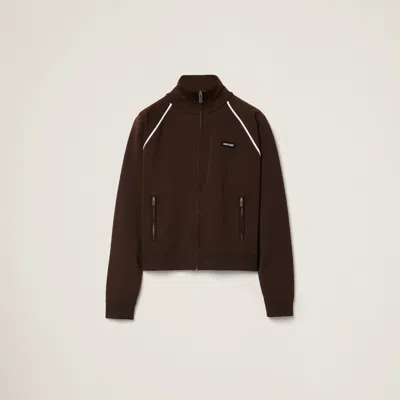 Miu Miu Technical Yarn Zipper Cardigan In Dark Brown/white