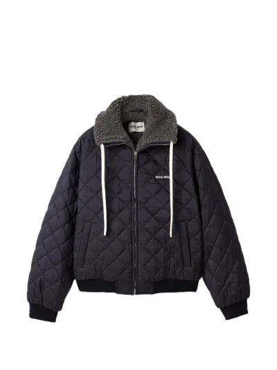 Miu Miu Quilted Technical Fabric Bomber Jacket With Teddy Collar And Drawstring In Blue