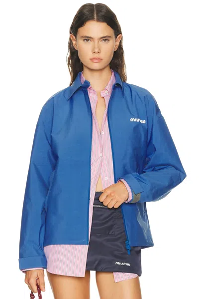 Miu Miu Tech Fabric Collared Windbreaker Jacket Long Sleeves In Blue