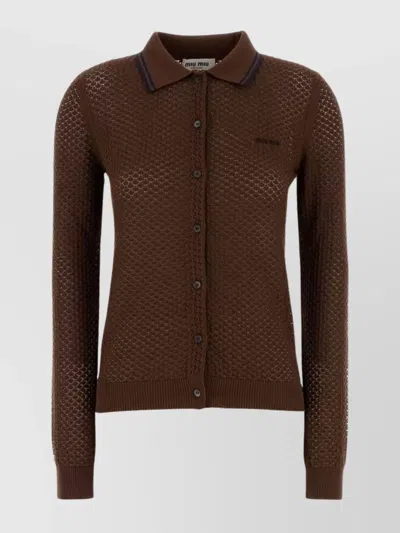 Miu Miu Textured Knit Long Sleeve Cardigan In Brown