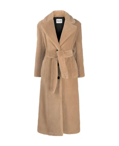 Miu Miu Tied-waistband Logo Coat In Brown