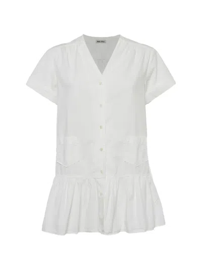 Pre-owned Miu Miu Tiered Button-front Mini Dress In White