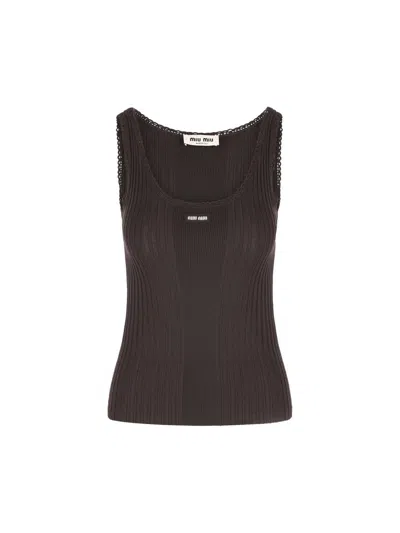 Miu Miu Dark Brown Wool Tank Top In Black