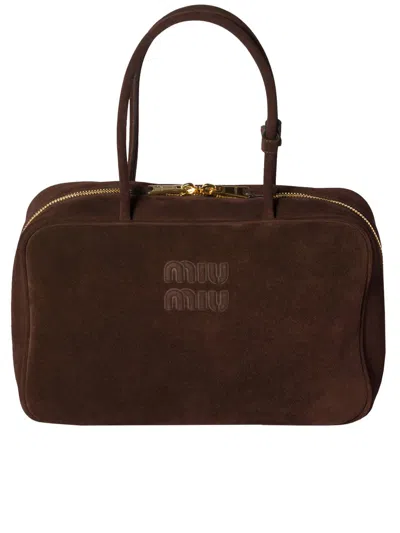 Miu Miu Rectangular Suede Tote Bag Top Handles In Brown