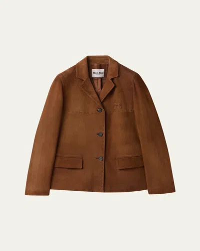 Miu Miu Topstitched Suede Single-breasted Jacket In Brown