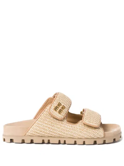 Miu Miu Touch-strap Raffia Sandals In Beige