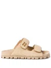 Miu Miu Miumiu Gold Logo Raffia Sandals In Beige