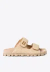Miu Miu Miumiu Gold Logo Raffia Sandals In Neutral