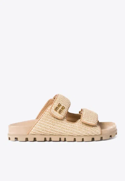 MIU MIU TOUCH-STRAP RAFFIA SANDALS