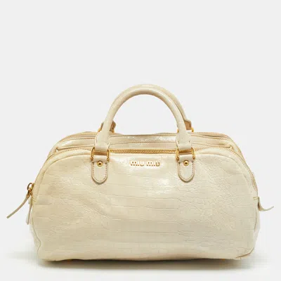 Pre-owned Miu Miu Triple Zip Cream Croc Embossed Patent Leather Satchel In White