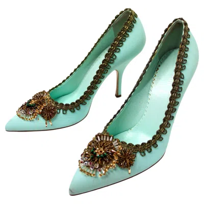 Pre-owned Miu Miu Turquoise Satin Embellished Pumps In Blue