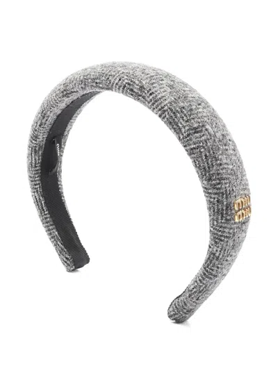 Pre-owned Miu Miu Tweed Logo Headband In Gray