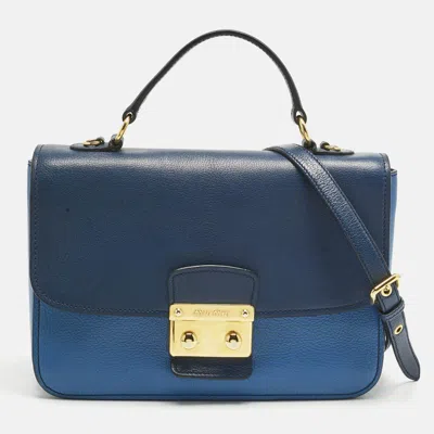 Pre-owned Miu Miu Two Tone Blue Madras Leather Push Lock Flap Top Handle Bag