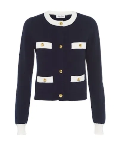 Miu Miu Two-tone Cashmere Cardigan In Blue