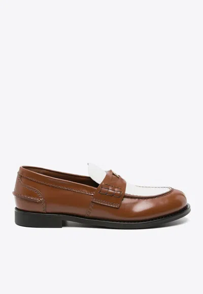 MIU MIU TWO-TONE LEATHER PENNY LOAFERS