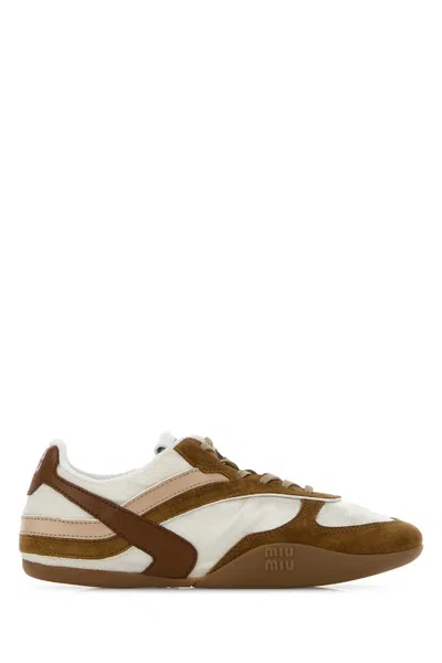 Miu Miu Two-tone Tech Fabric And Suede Gymnasium Sneakers In Brown