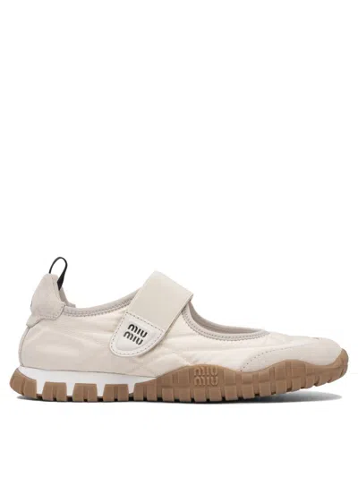 Miu Miu Technical Fabric And Suede Ballerina Shoes In Neutral
