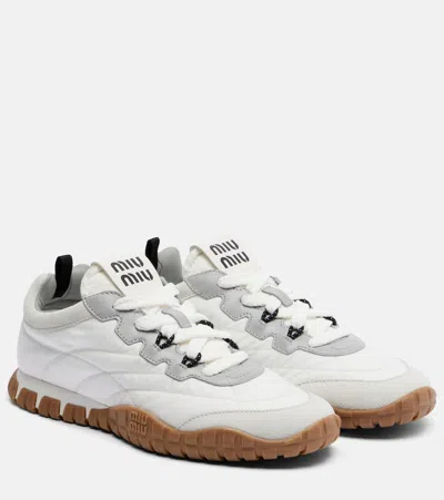Miu Miu White Re-nylon And Suede Sneakers In Brown