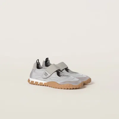 MIU MIU TYRE TECHNICAL FABRIC AND SUEDE BALLERINAS