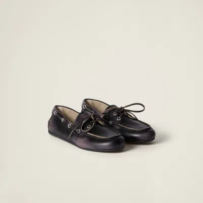 Miu Miu Women Unlined Boat Loafers In Decolored Leather In Black