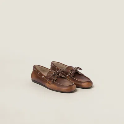 Miu Miu Burnt Brown Moccasin In Vintage Effect Leather