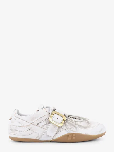 Miu Miu Used-effect Leather Sneakers With Metal Buckle Detail In White