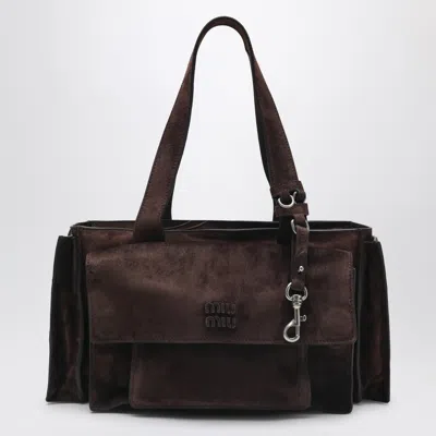 Miu Miu Utilitaire Suede Shopping Bag In Brown