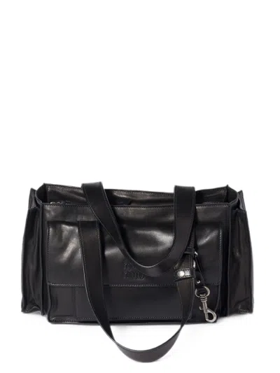 Miu Miu Utilitaire Pocket Leather Tote Bag In Black