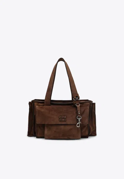 Miu Miu Utilitaire Suede Bowling Bag In Brown