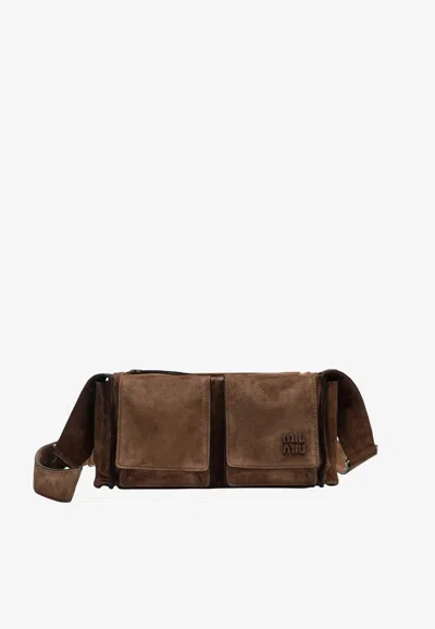 Miu Miu Suede Utilitaire Crossbody Bag Adjustable Strap In Brown
