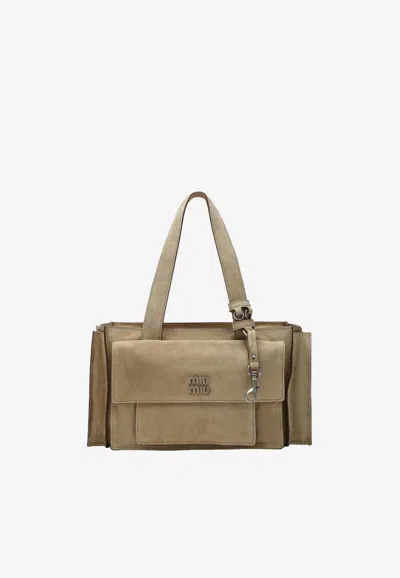 Miu Miu Utilitaire Suede Leather Satchel Bag In Sand