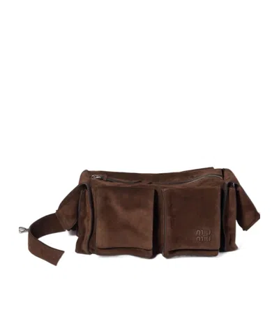 Miu Miu Utilitaire Suede Shoulder Bag In Brown