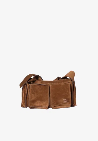 Miu Miu Suede Utilitaire Crossbody Bag Adjustable Strap In Brown