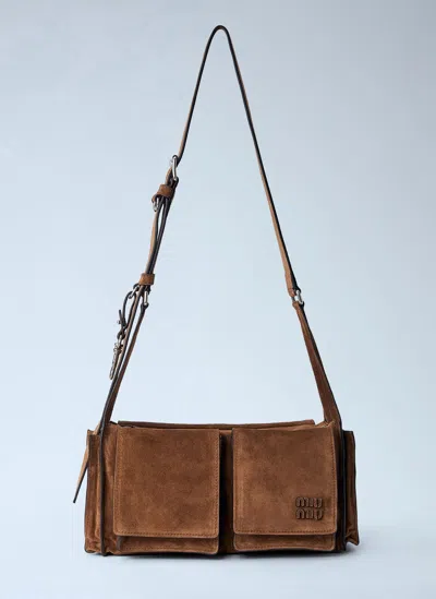 Miu Miu Utilitaire Suede Shoulder Bag In Brown