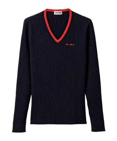 MIU MIU MIU MIU LOGO-EMBROIDERED V-NECK JUMPER