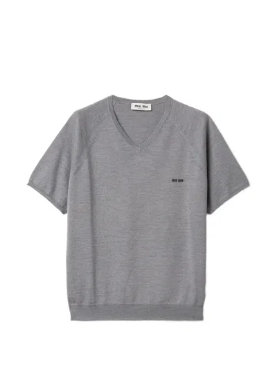 Miu Miu V-neck Intarsia-logo T-shirt In Gray
