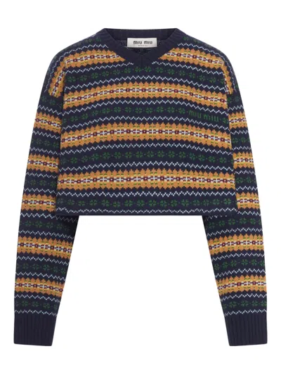 Miu Miu V-neck Jacquard Wool Sweater In Multi