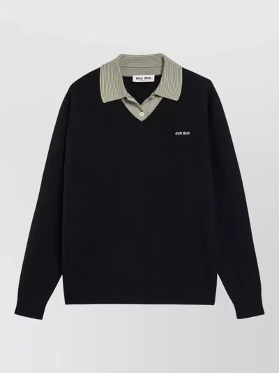 Miu Miu V Neck Knit Sweater Contrast Collar Ribbed Cuffs In Black