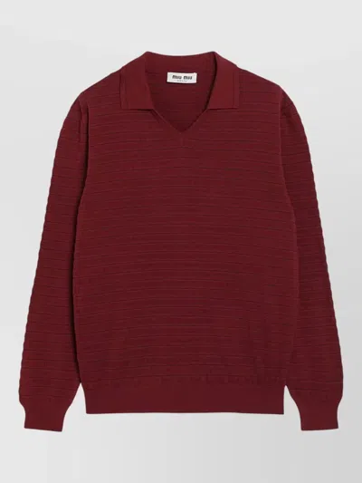Miu Miu V Neck Knitwear Long Sleeves Ribbed Design In Brown