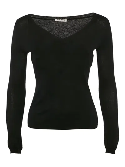 Pre-owned Miu Miu V-neck Long Sleeve Sweater In Black
