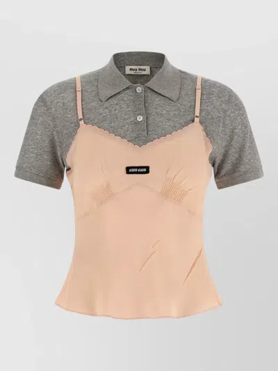 Miu Miu V Neck Marocain Crepe Jersey Polo Top In Multi