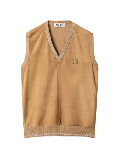 Miu Miu V-neck Ribbed-knit Vest In Gold