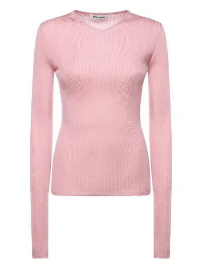Miu Miu V-neck Ribbed Top In Pink