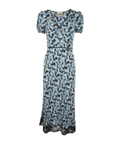 Miu Miu V-neck Short-sleeved Dress In Blue